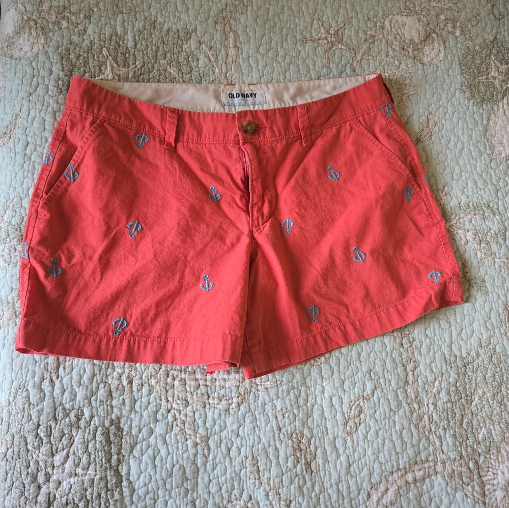 Old Navy Coral Shorts with Blue Anchor Embroidery